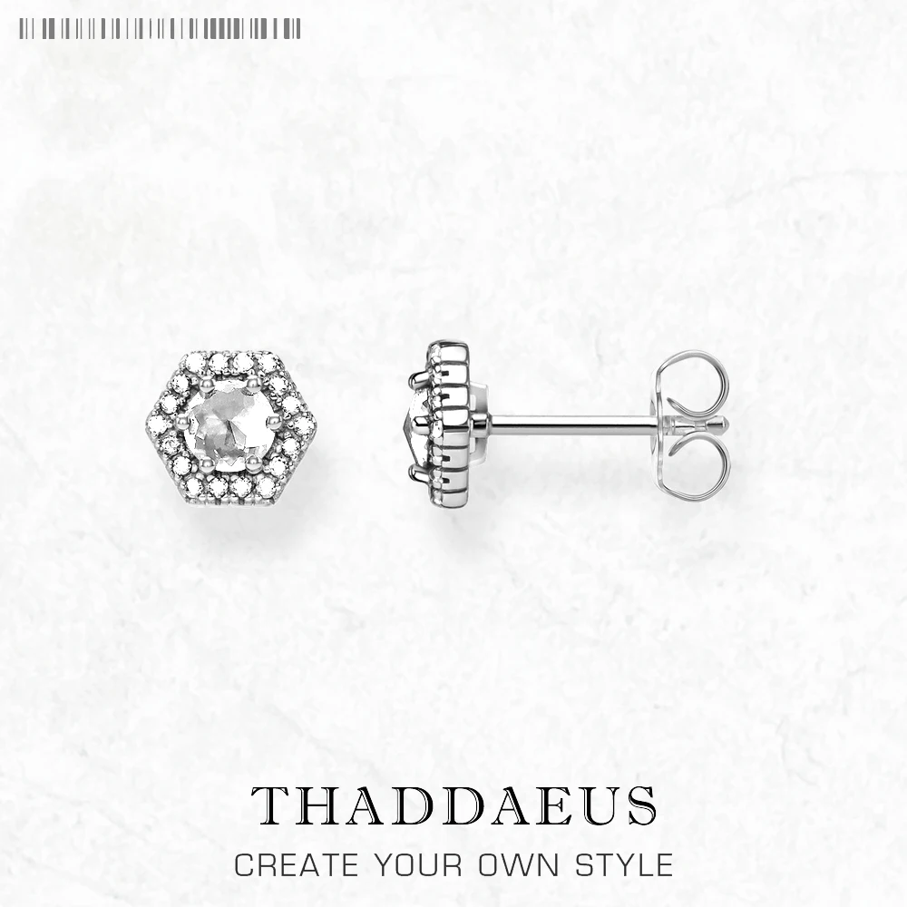 

White Stone Hexagon Stud Earrings Europe Romantic Fine Jewerly For Women Gift In Pure 925 Sterling Silver