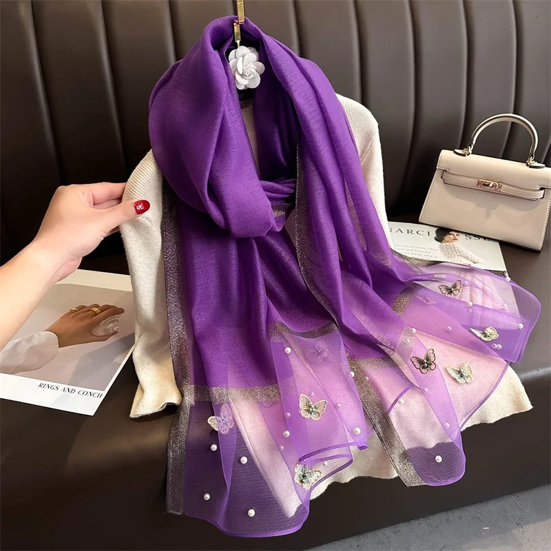 

Luxury Autumn and Winter New Imitation Silk Thin Silk Scarf Female Butterfly Embroidery Nail Beads Fashion Scarf Warm Cold Shawl