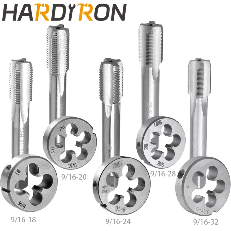 Hardiron 9/16-18 9/16-20 9/16-24 9/16-28 9/16-32 Tap dan Die Set tangan kanan, HSS Thread Tap & Round Dies