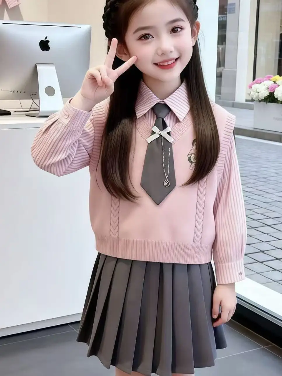 

Girls' Spring Faion Set 2026 College Sle Comfortable Cartoon Embroidery Vest Pleated Skirt Four Piece Trendy Outfit for Kids