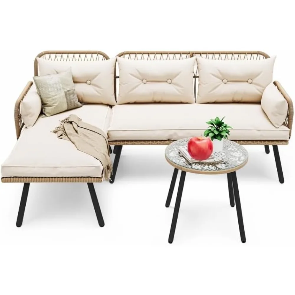 

Patio Furniture Set Outdoor Loveseat, Wicker Conversation Set with Thick Cushions & Detachable Lounger, Rattan Sectional Set wi