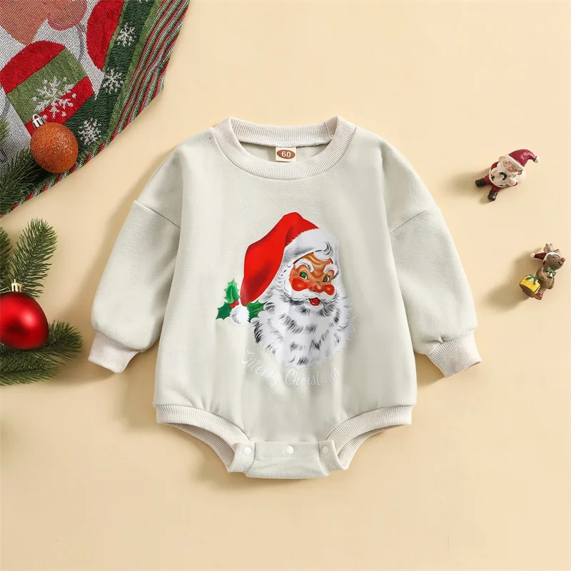 Infant Toddler Unisex Reindeer Patterned Romper Round Neck Long Sleeve Jumpsuits Festive Holiday Bodysuits for Winter Season