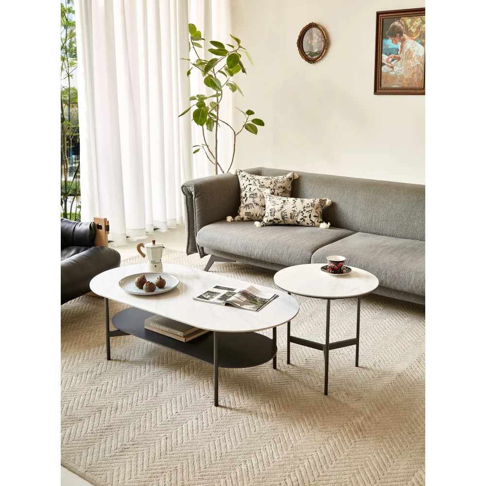 Coffee Table Ceramic, Painting Double Layer Coffee Table for Living Room, White Ceramic and Coffee Brown Bottom Shelf