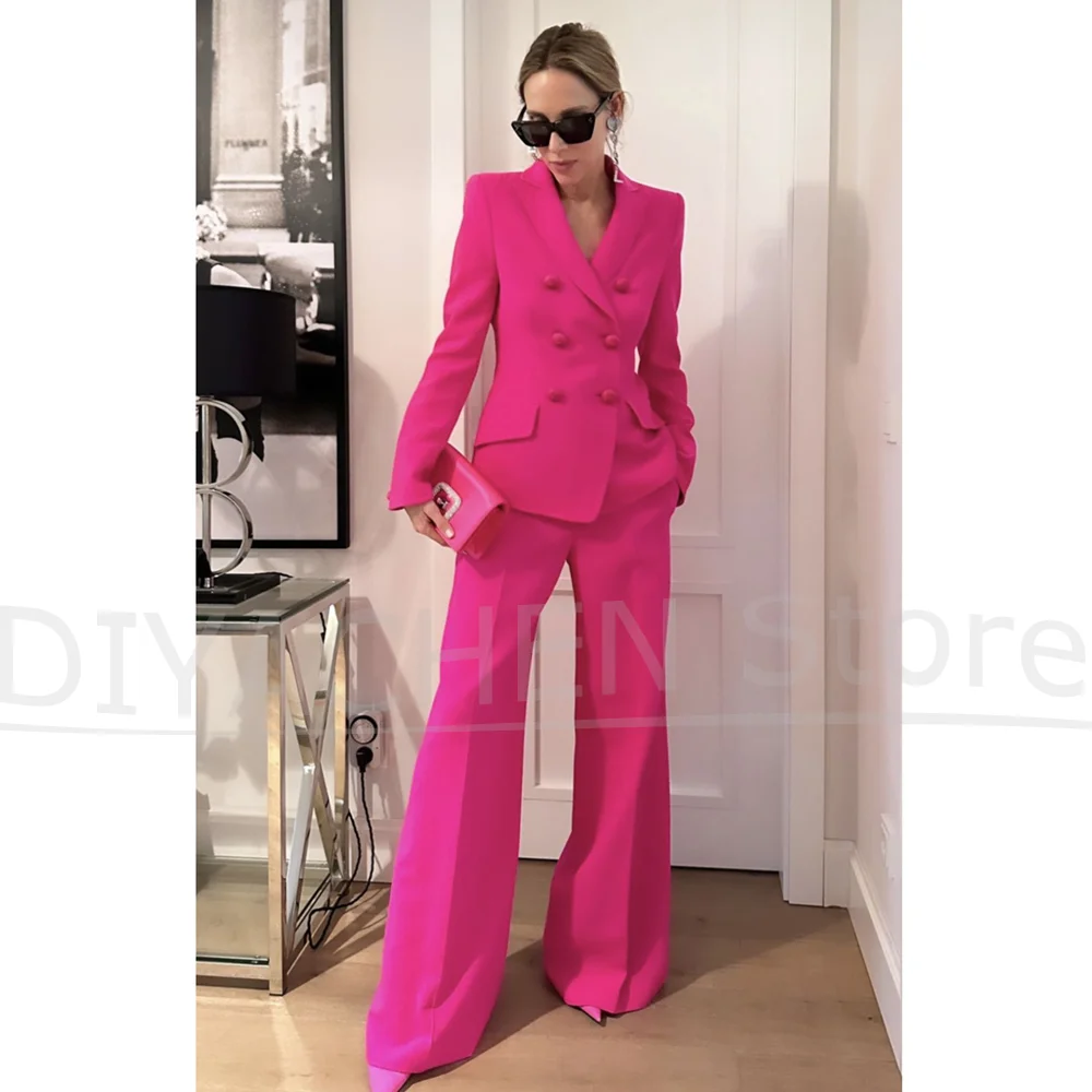 

Fashion Women Suits Chic Double Breasted Daily Casual Outfits Peak Lapel Elegant Formal Office Lady Pants Sets Two Pieces