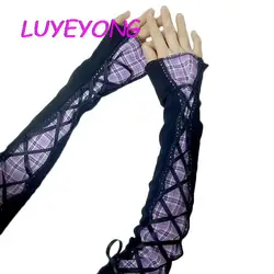 Wholesale Lolita Girl Plaid Spliced Oversleeve Are Warmers Jk Student Ribbon Lace-up Cosplay Mittens Elbow Length Gothic Gloves