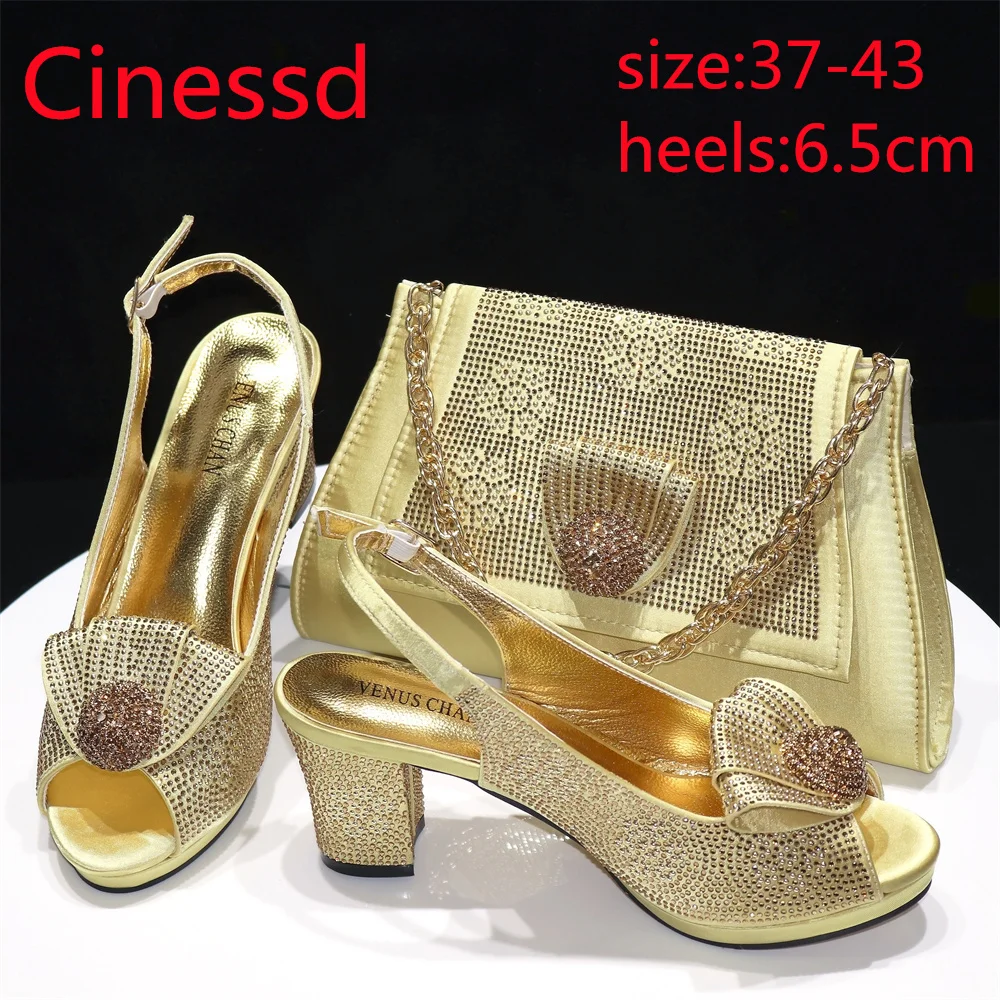 2024 Latest Gold Color Fashion And Elegant Flower Design Chinese Pattern Party Ladies Shoes And Bag Set