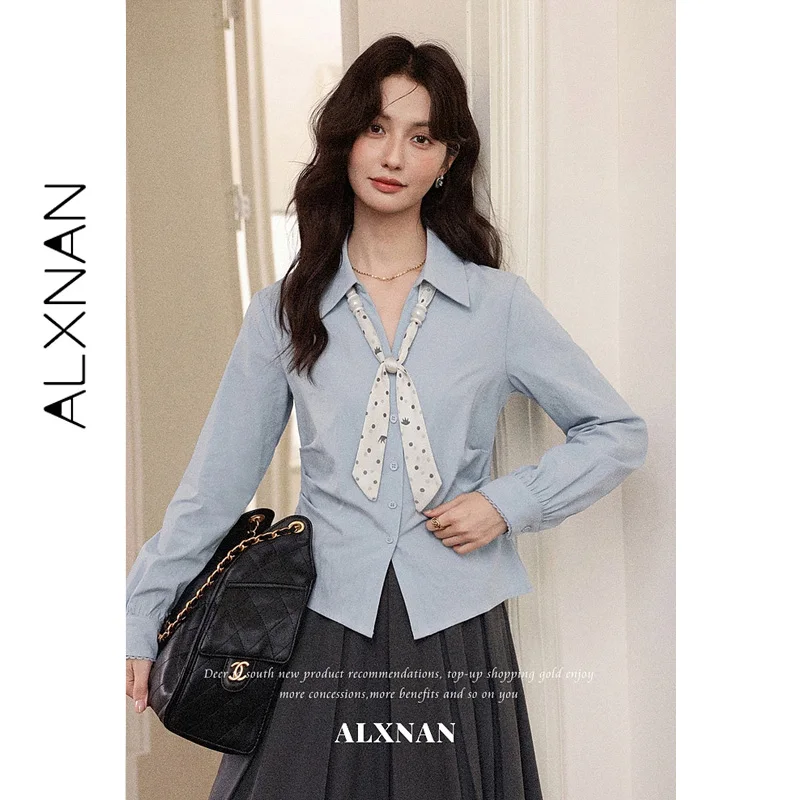 ALXNAN Blue Long Sleeve Shirt Turn Down Collar Slit Hem Black White Polka Dot Ribbon Shirts Elegant Casual Ladies Tops L67691A