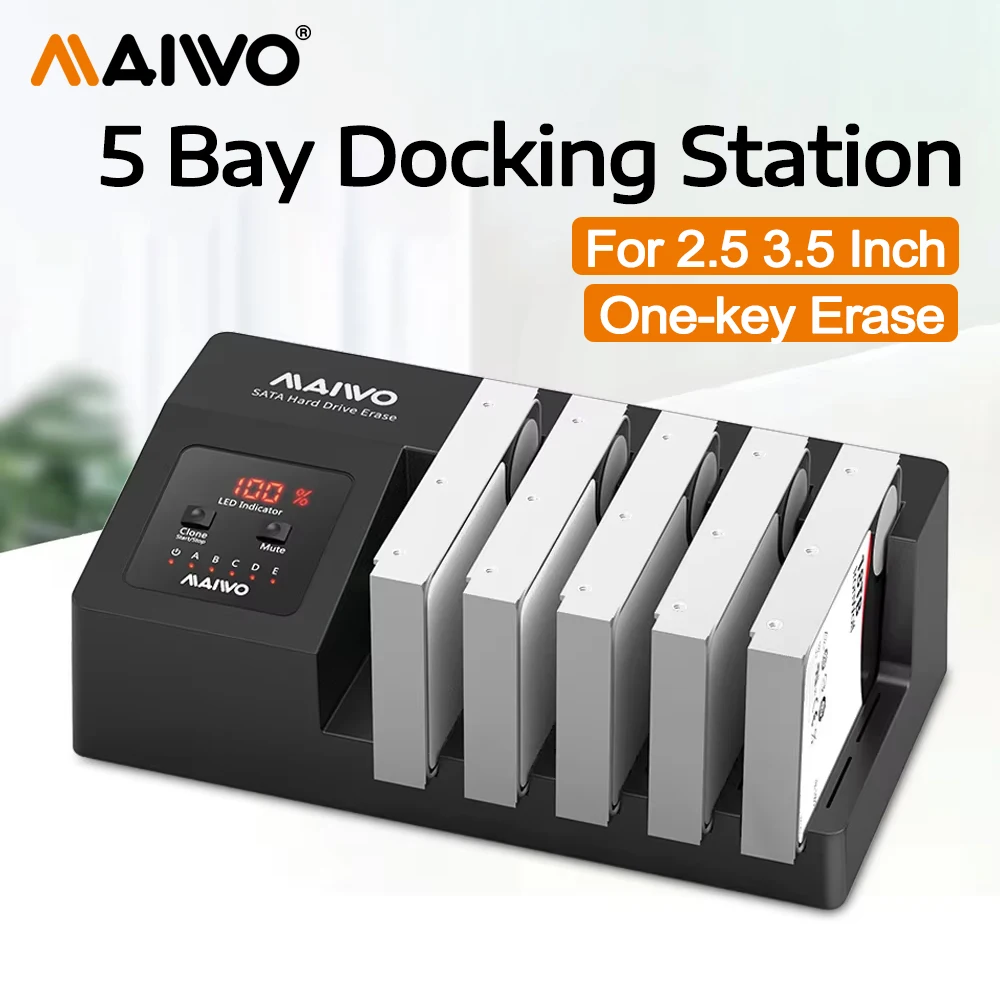 

MAIWO 5 Bay Hard Drive Docking Station with One-key Erase for 2.5 3.5 Inch SATA HDD SSD with Digital Display 120TB Max HDD Case