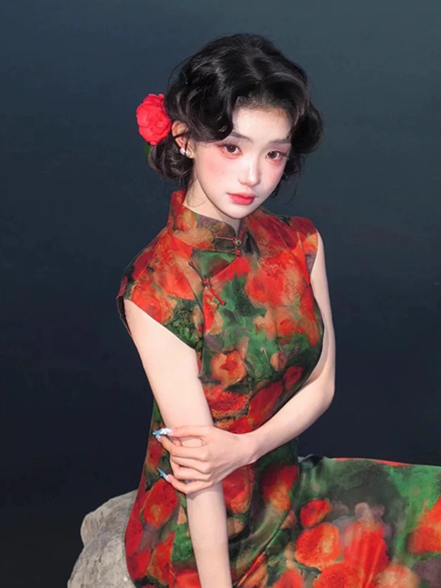 

Young Style Improved Red New Chinese Style Dress Sexy Waist Cinching Bodycon Skirt Short Sleeve mid Length Qipao