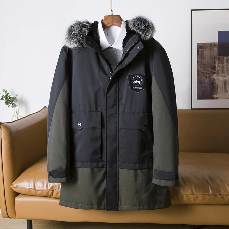 

Мужское зимнее пальто с меховым воротником, утепленное, с капюшоном, на молнии, средней длины, для повседневной носки
