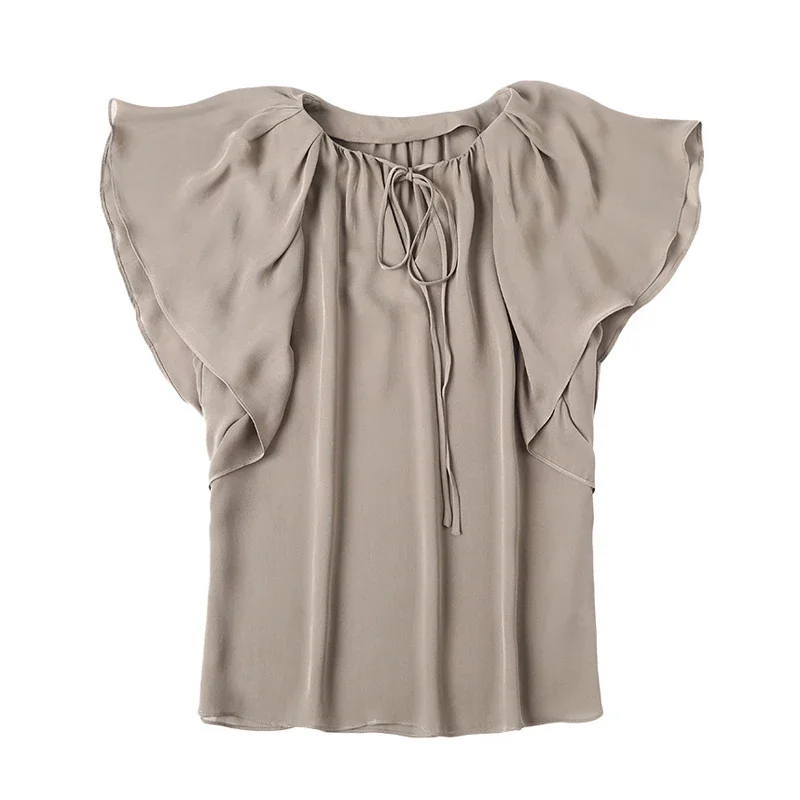 

Tcyeek, 100%Real Silk Elegant T-Shirt, Women Half Sleeve O Neck Lace-up, Ruffled Edge Sweet Blouses, 2024 Summer New T45086QC