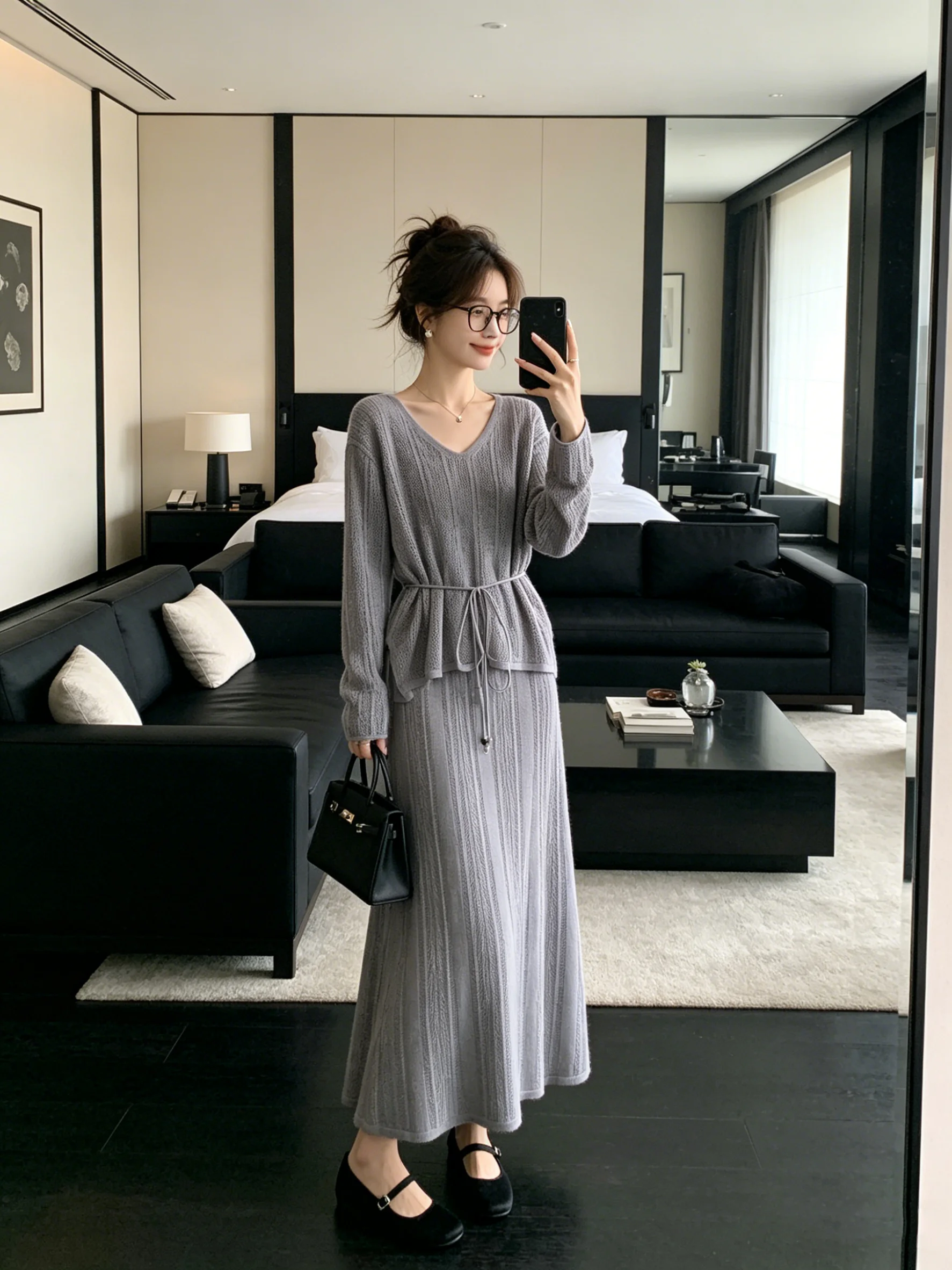 

Light Grey Soft V-neck Knitted Two-piece Set High Waist Skirt Commute Korean Style Fashion Set Breathable Casual Wear