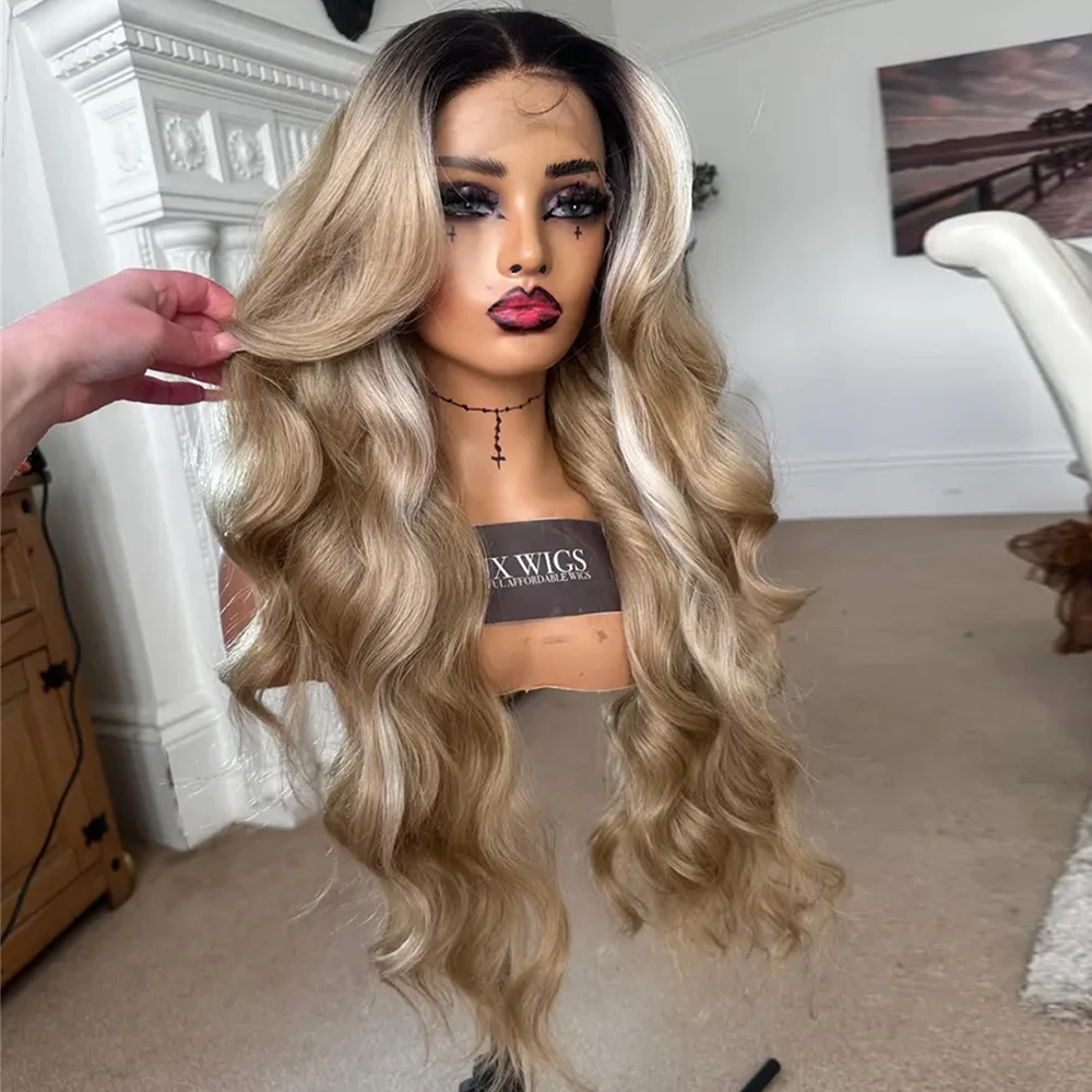 Long Wavy Balayage Blonde Wig with Blonde Highlights Lace Frontal Wigs for Women Synthetic Hair Luxury Wigs Glueless Wear&Go