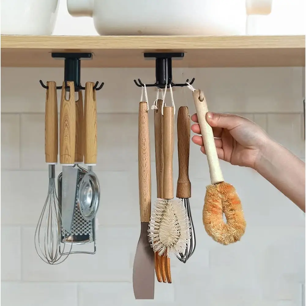 

2 шт. крючки для кухонной утвари под шкафом, 360° ° Вращающиеся крючки, клейкая кухонная подвесная стойка для хранения под шкафом для K