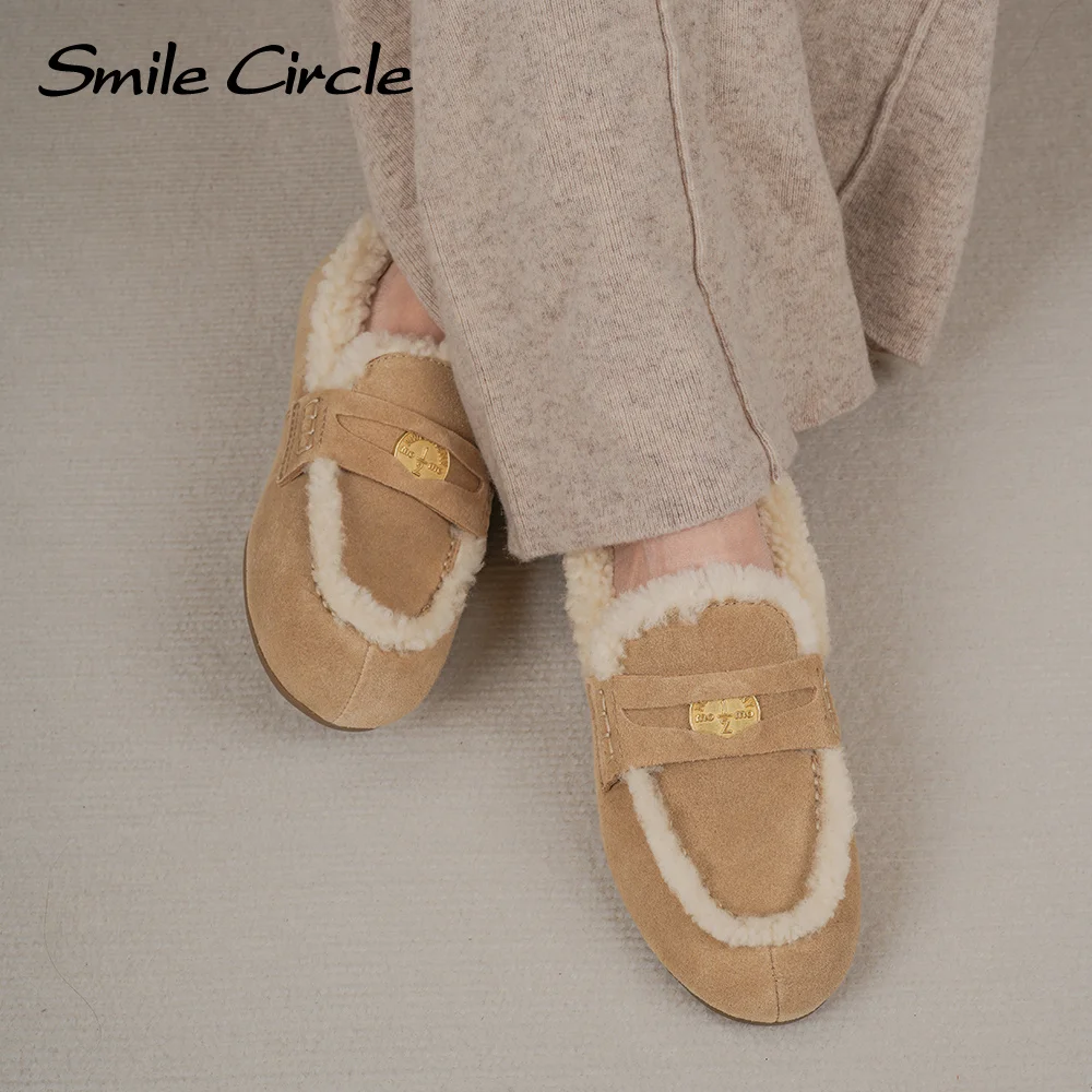 Smile Circle Women Shose Suede Leather Warm Wool Loafers Winter Round-toe Casual Flat Shoes