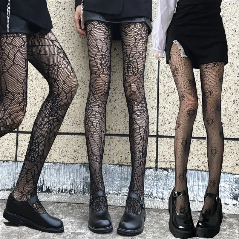 Grunge Lolita Women Pantyhose Tight Seamless Lace Mesh Fishnet Hollowed Out Froral Print Heart Leggings Stockings Female Hosiery