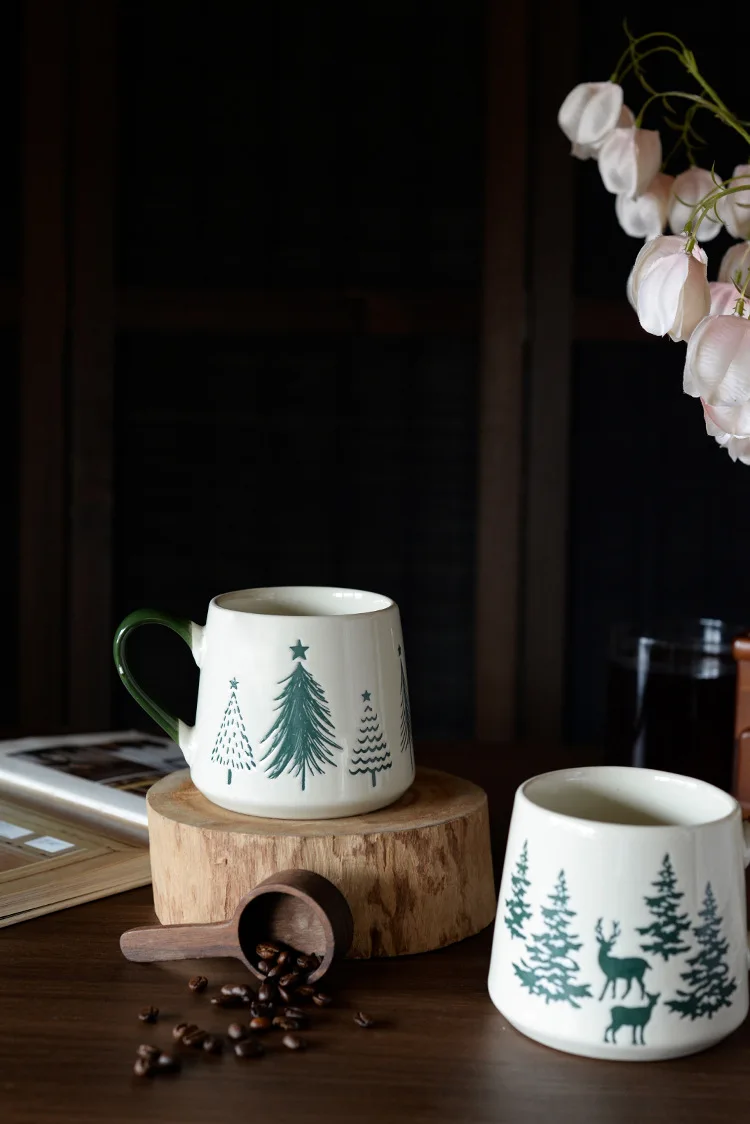 Christmas Tree Ceramic Mug Pine Pattern Coffee Milk Drinking Cup For Home Office Breakfast Daily Beverage Table Party Use