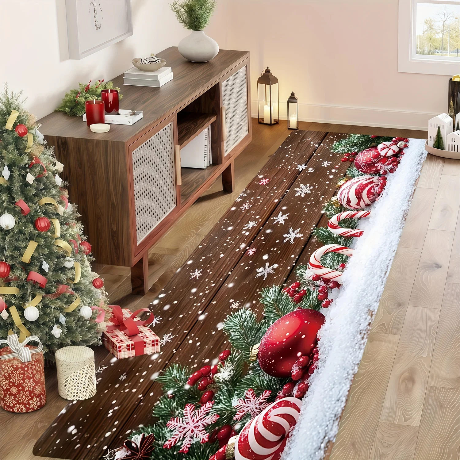 1pc Christmas Candy‑Cane & Snowflake Printed Long Runner Rug, Xmas Decor Floor Mat for Hallway, Bedroom, Kitchen, Laundry Room