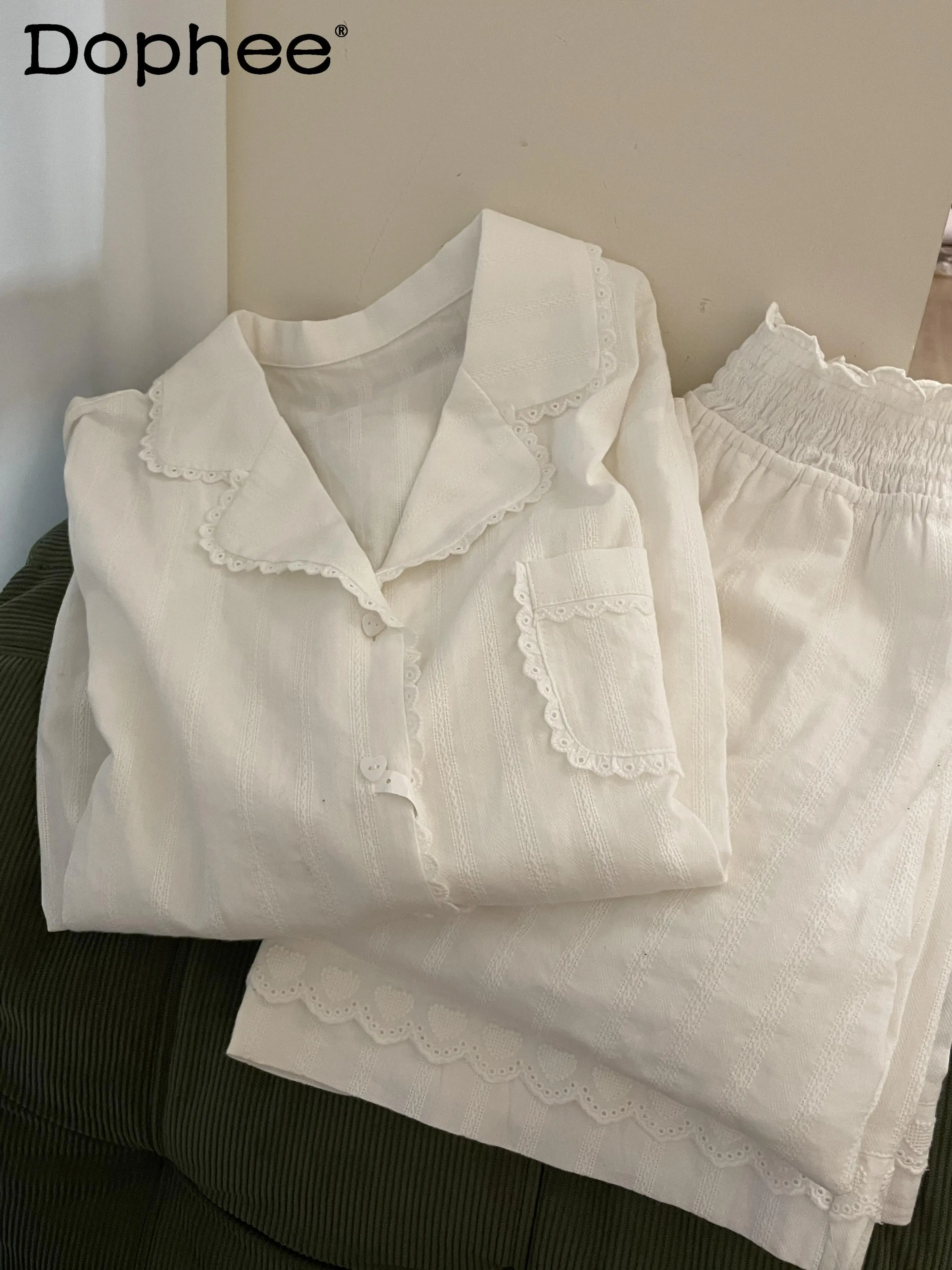 cardigan-en-pur-coton-pour-femmes-pyjama-haut-de-gamme-en-dentelle-blanche-ample-decontracte-confortable-doux-ensemble-de-vetements-de-maison-nouveau-style-printemps