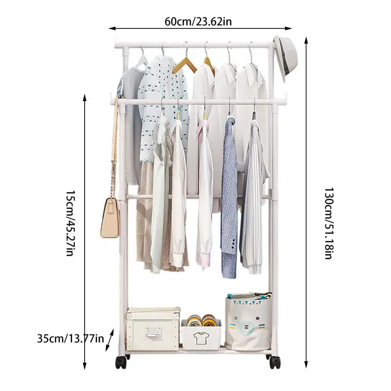 Double Clothes Rack Metal Heavy Duty Clothing Rack Rolling Closet Organizers And Storage Multi-Functional Wardrobe Space Saver