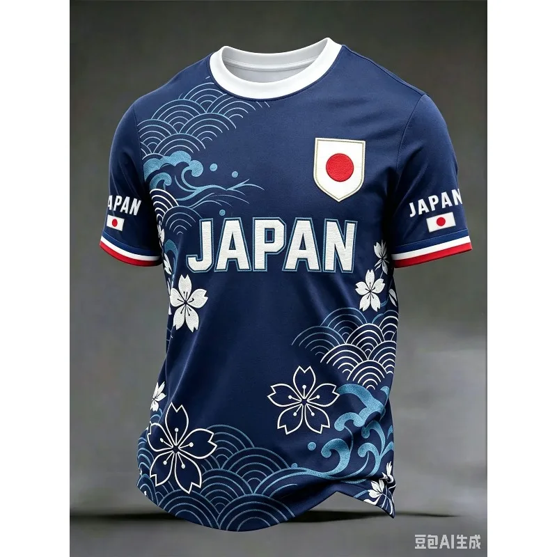 2026 Men's Japan National Football Team Jersey, Classic Crew Neck Short Sleeve T-Shirt with 3D Print, Casual Sports