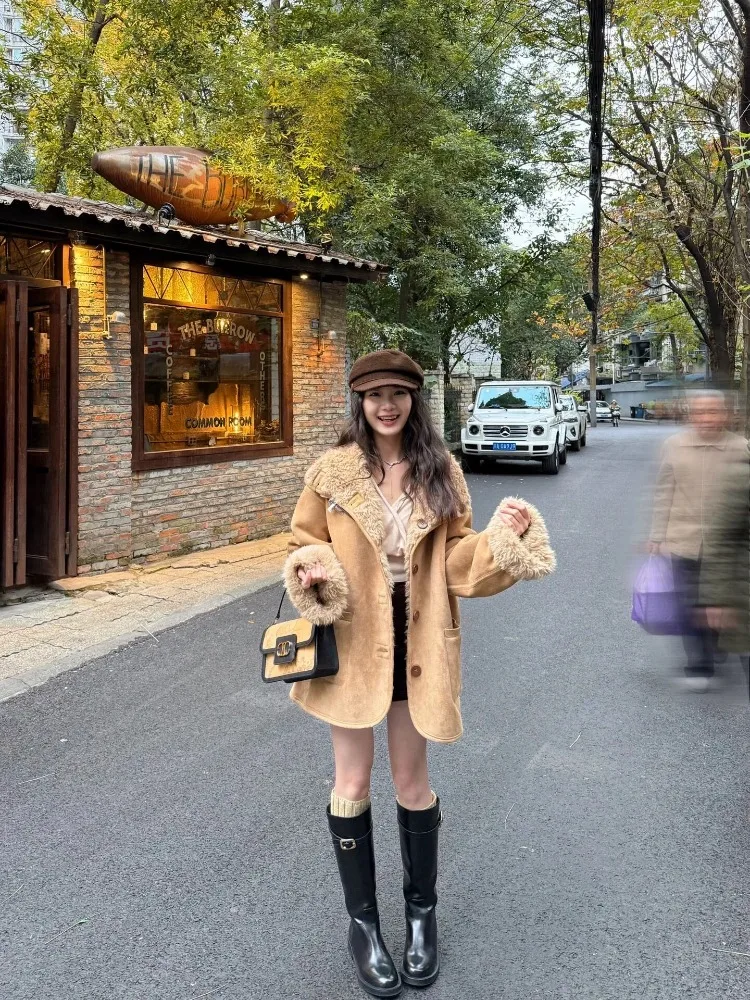 Płaszcze z pluszu zapinane na jeden guzik, imitacja futra jagnięcego, dwustronne noszenie, kurtki ze sztucznego futra, skóra i futro, luźne, ciepłe, khaki, futrzane kurtki, puszyste, luksusowe.