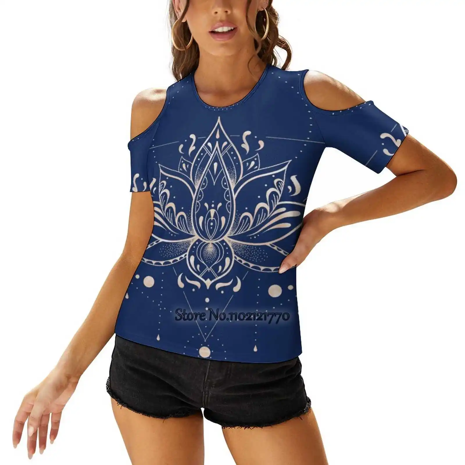 Lotus Dark Women T-Shirt Back Lacing Casual Short Sleeve Tops Summer Tees Mandala Lotus Flower Geometric Dots Watercolor