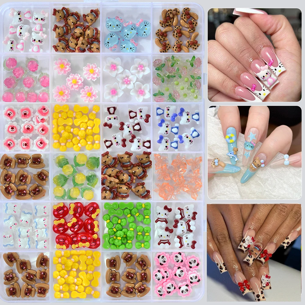 

24 сетки кавайного дубления HelloKitty, подвески для ногтей со стразами, котенок, кот, бант, цветок, украшение для дизайна ногтей, мультяшные украшения для маникюра из смолы