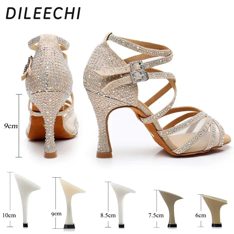 DILEECHI Latin Dance Shoes Women Gold Glitter Rhinestone With Net Salsa Party Wedding Cuba Heel 9cm Flash Ballroom Dancing Shoes