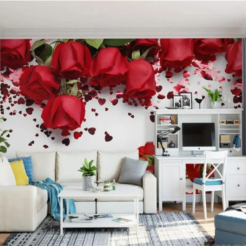 beibehang Custom 3d wallpaper romantic warm red rose petals wedding room bedroom bedside background wall large mural wallpaper