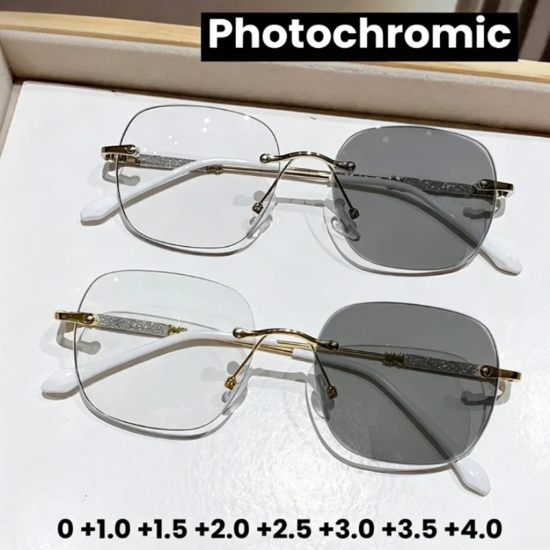 Fashionable Frameless Photochromic Reading Glasses Women Look Youthful High-definition Ultra Light and Anti Blue Light Glasses