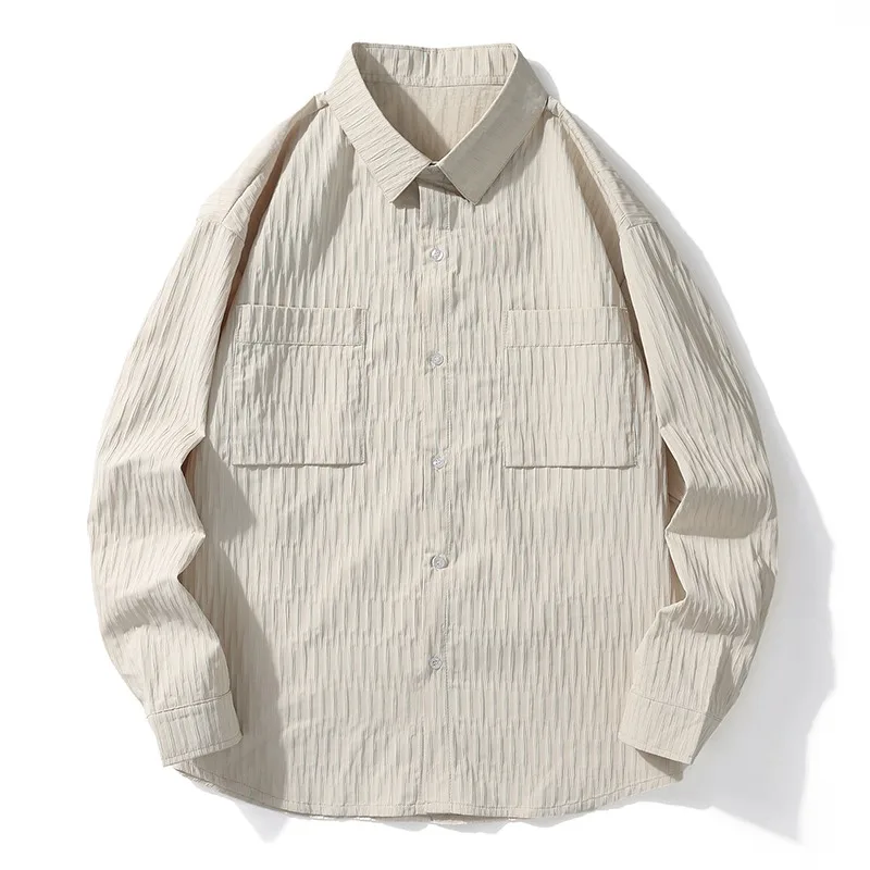 

Мужская черная рубашка с текстурными полосами, свободного кроя, на пуговицах, с двумя нагрудными карманами, повседневная, в стиле ретро, с длинным рукавом