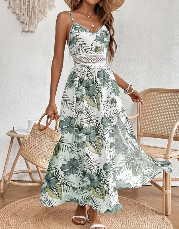 2025 Dress Women Elegant Fashion Beautiful Women's Dresses Party Bohemian Printed Suspender V-Neck Lace Stitching Slit Dress