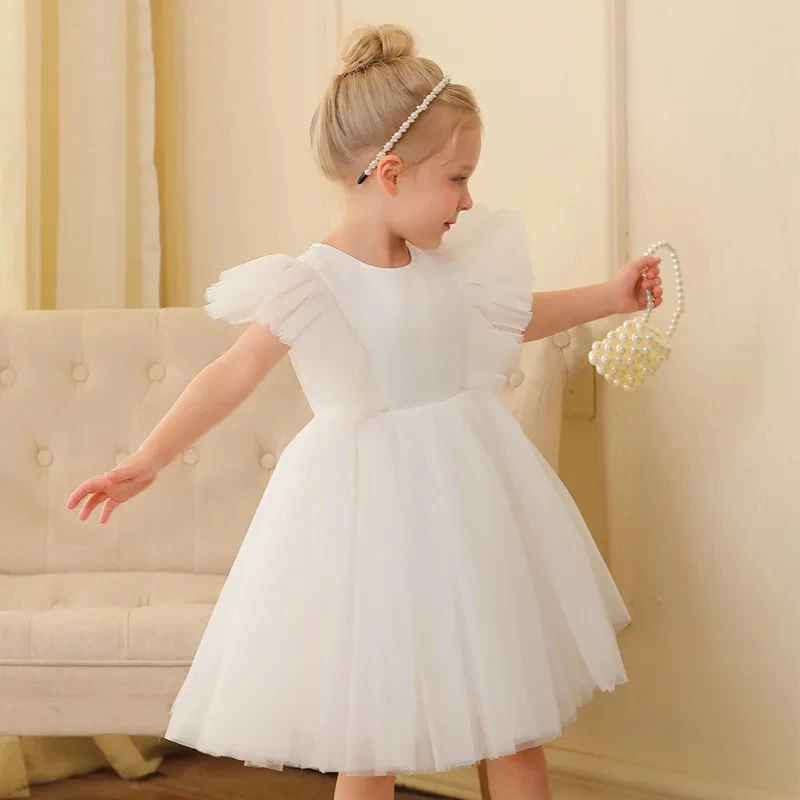 

Customized White Flower Girl Dress For Wedding Tulle Pearls Sleeveless Knee Length Elegant Kids Birthday First Communion Gown