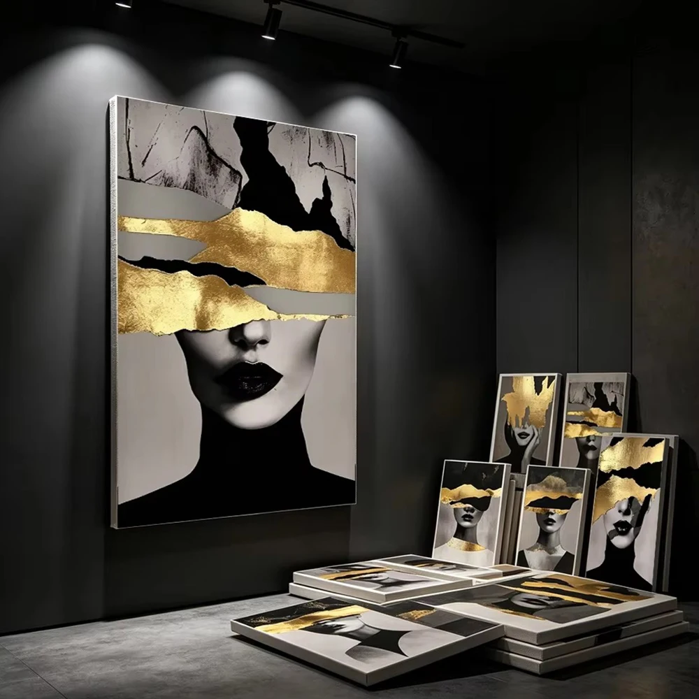 Gold-Schwarzes Porträt einer Frau, Poster, abstrakte, moderne Figur, Kopfdruck, Leinwandbild, Wandkunst für Zimmer, Heimdekoration – Detail 7
