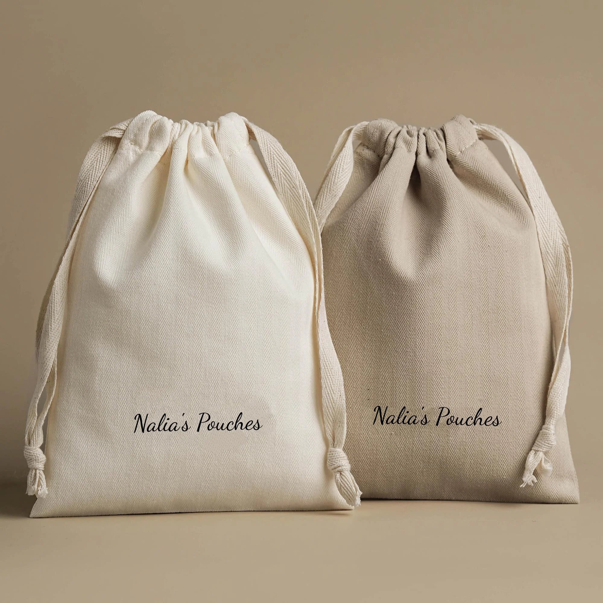 Custom Logo Dust Bag Herringbone Beige Cotton Drawstring Pouch Wedding Birthday Cosmetic Bridesmaid Candy Soap Packaging Bags view 2