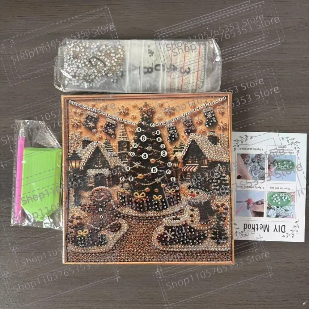 New Christmas Pearl Diamond Painting Art Kit DIY House Gemstone Diamond Dots Beads Craft Set Wall Decor Handmade Gift