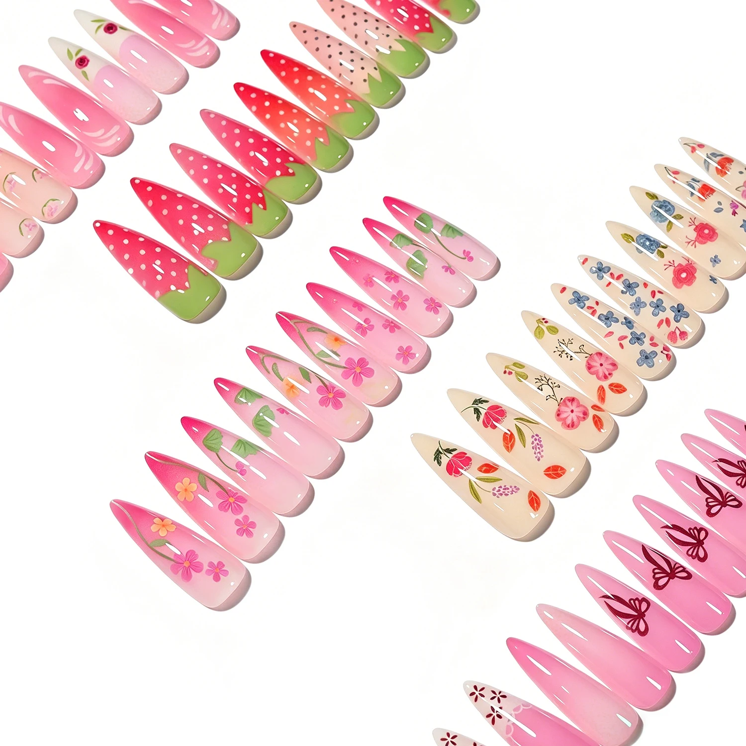 120Pcs Long Almond Press On Nails Mixed 5 Styles Bow Floral Strawberry Full Cover Acrylic Fake Nails Summer Y2K Sweet False Nail view 5