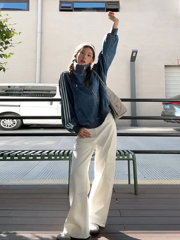 

Waed Stripe Denim Jaet ex Autumn American Retro Zipper Pattern Open Cardigan Stand Collar Sport Coat Cotton Long Sve