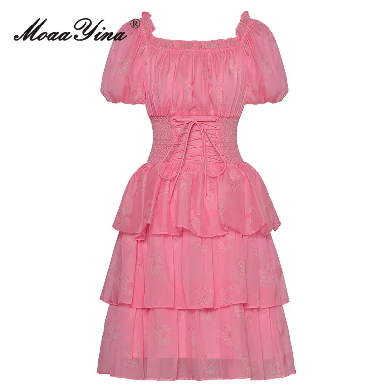 

MoaaYina Summer Fashion Runway Elegant Party Pink Dress Women Puff Sleeve Drawstring Elastic Waist Cascading Ruffles Mini Dress