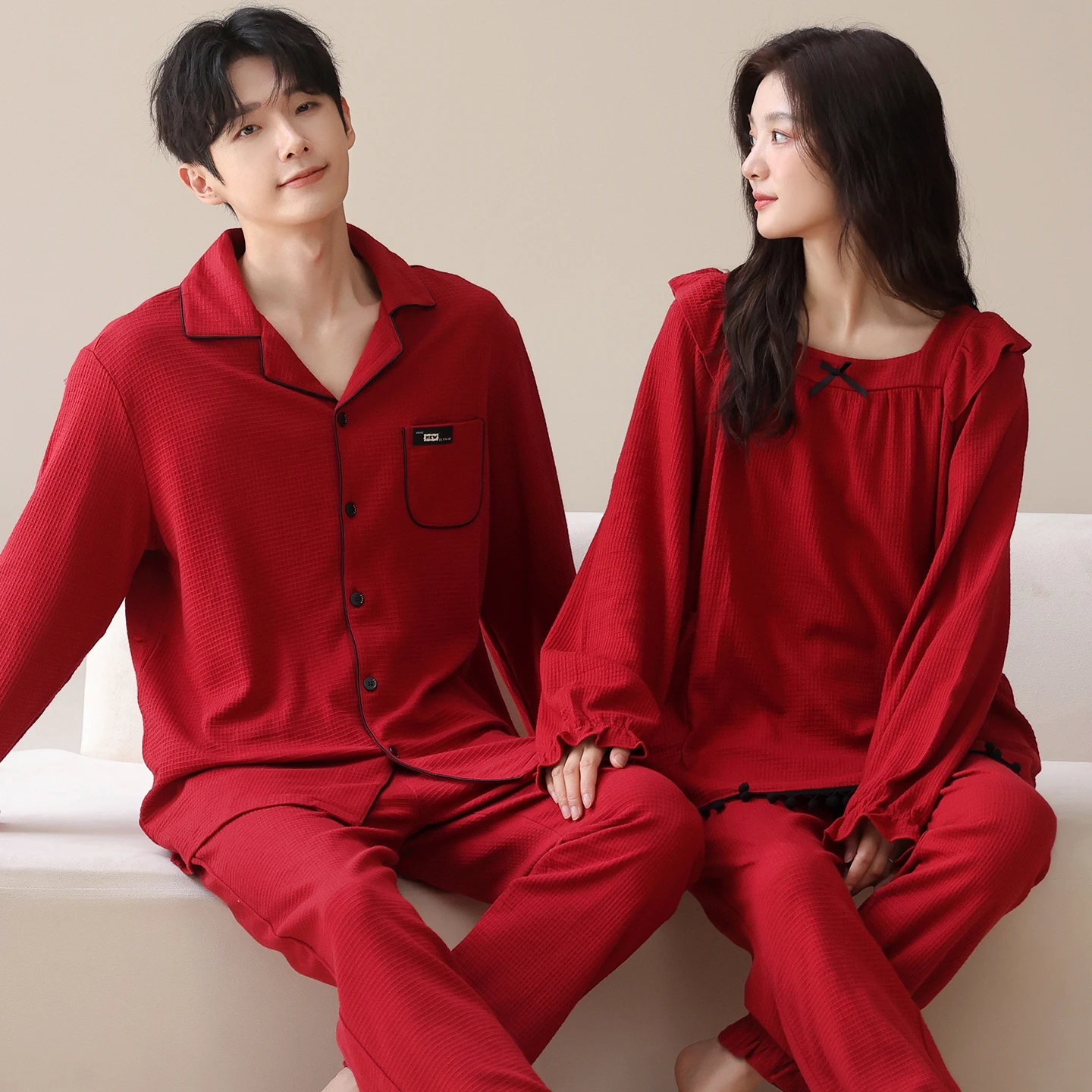 

Autumn Couples Sleepwear Festival Red Pajamas Set Long Sleeve Long Pants Lovers Pyjamas Suit Male & Female Cotton Pijamas Mujer