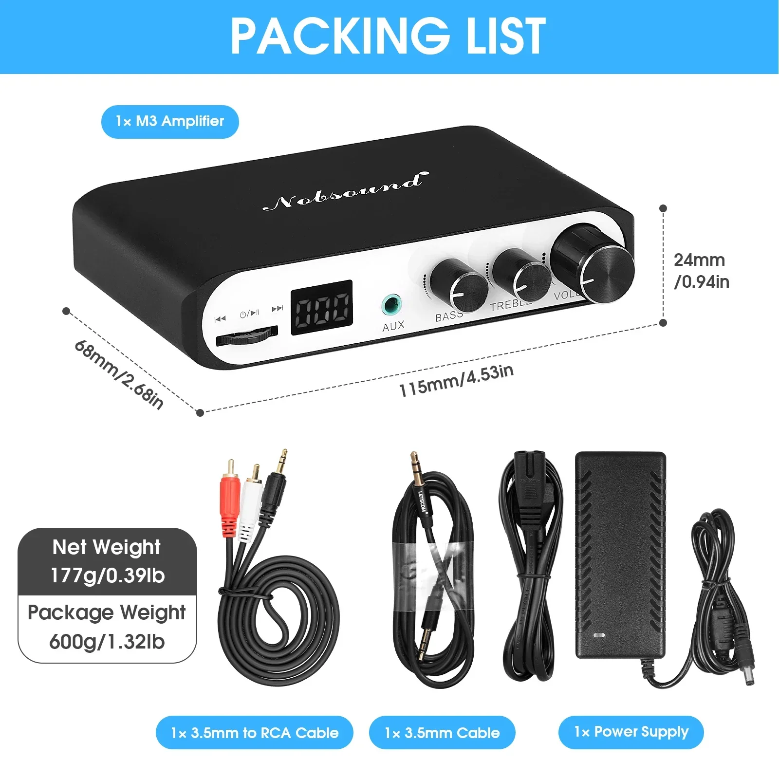 Nobsound-miniamplificador Digital M3 con Bluetooth 5,0, altavoz para el hogar/coche/marino, TPA3116, amplificador clase D de graves, reproductor USB, 50W x 2