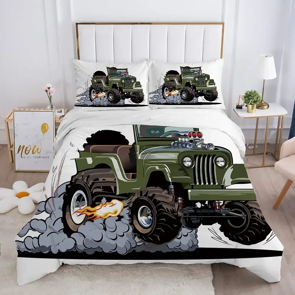 Cartoon Mountain Tractor Machinery Bulldozer Pattern Bedding Set for Kids Boys Duvet Cover with Pillowcases Full Queen King Size