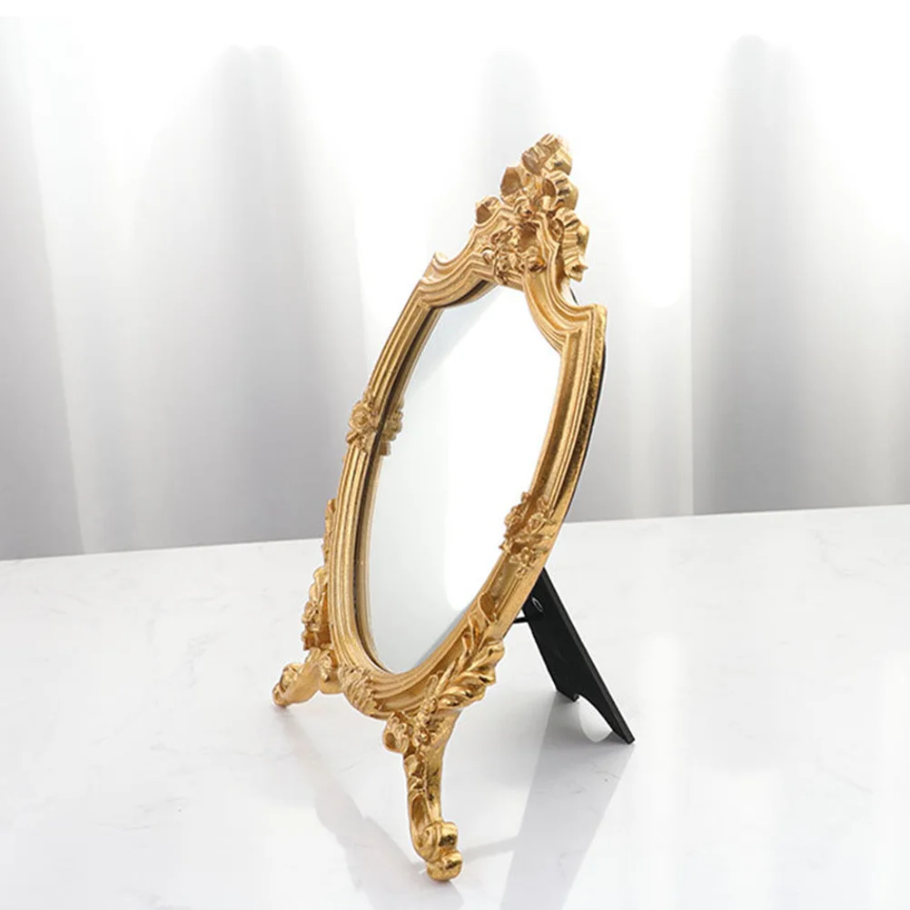 

1Pcs Vintage Style Makeup Mirror Elegant Gold Standing Design Clear Reflective Surface Desktop Mirror for Women Daily