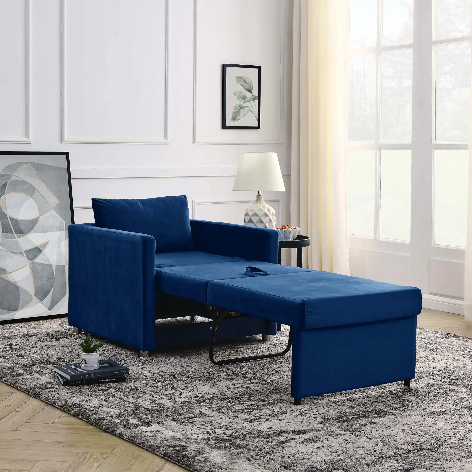 Converteerbare Slaapbank Stoel Gestoffeerd Accent Stoel Bed Voor Woonkamer Fluweel-Blauw