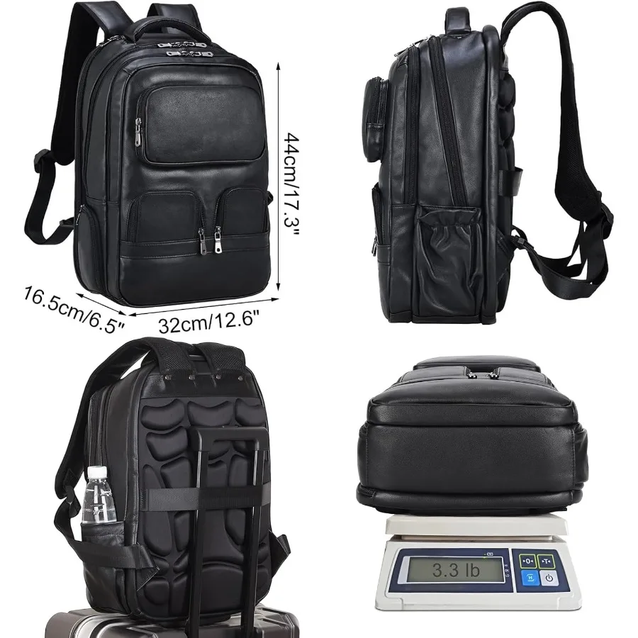 Masa Kawa حقيبة ظهر للكمبيوتر المحمول مقاس 17 بوصة من الجلد الطبيعي باللون الأسود للرجال حقيبة ظهر كبيرة للصيف والسفر حقيبة ظهر طوال الليل #4