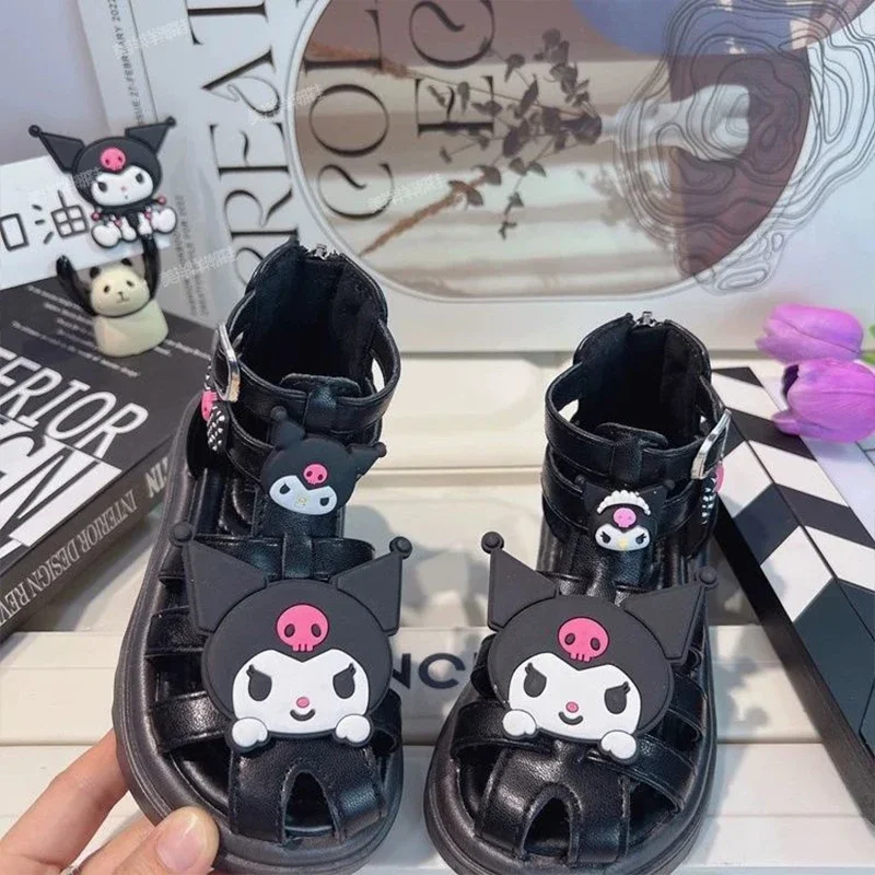 2024 Cute Kuromi Sandal Girls Sanrio Kawaii Anime Black Braided Bun Head Single Shoes Summer Sweet Cute Babys Shoes Gift for Kid