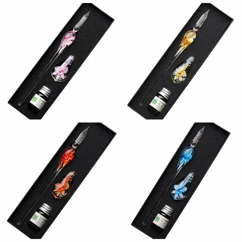 

DIY Craft Vintage Floral Dip Pen Filling Ink Smooth Glass Fountain Pen Signature Calligraphy Dipping Ink Pen Students Gifts