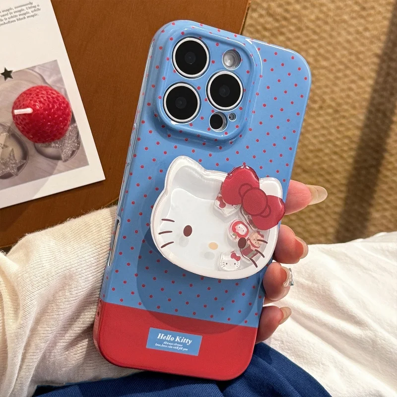 

Korea Cute Blue Red Polka Dots Phone Case For iPhone 11 12 13 14 15 16 Pro Max XXS XR Max Funny cartoon Hello Kitty Shake Holder