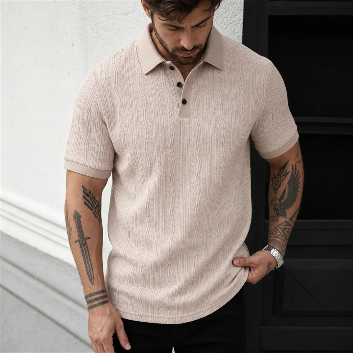 Men's Vintage Solid Color Summer Short Sleeve Polo Shirt Casual Breathable Lapel T-Shirt Fashion Textured Jacquard Clothing
